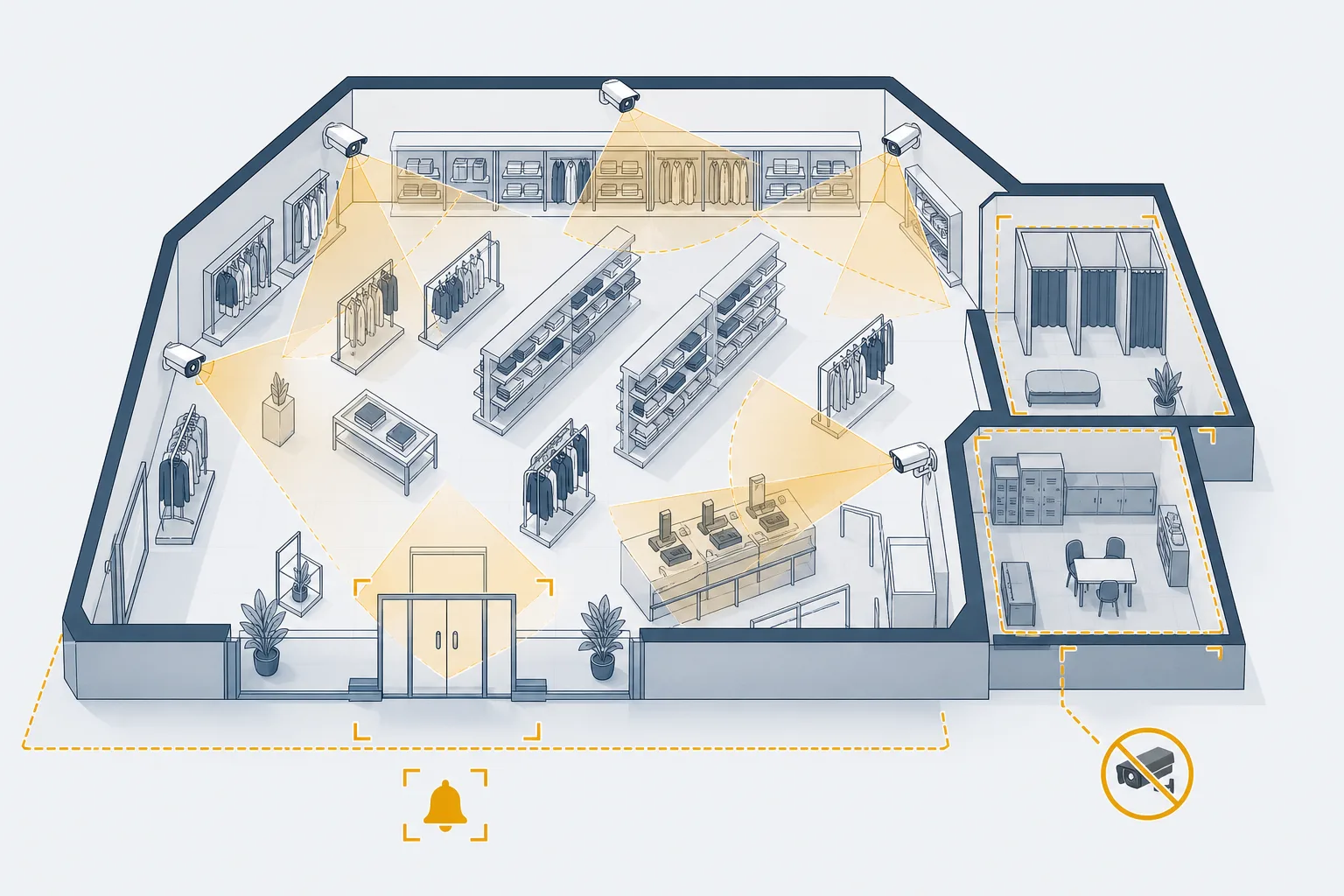 Stiliserad butiksplan i stål och amber där kamerornas bildvinklar är inritade över entré, kassalinje och hyllgångar, medan provrum och personalutrymme lämnats utan täckning.