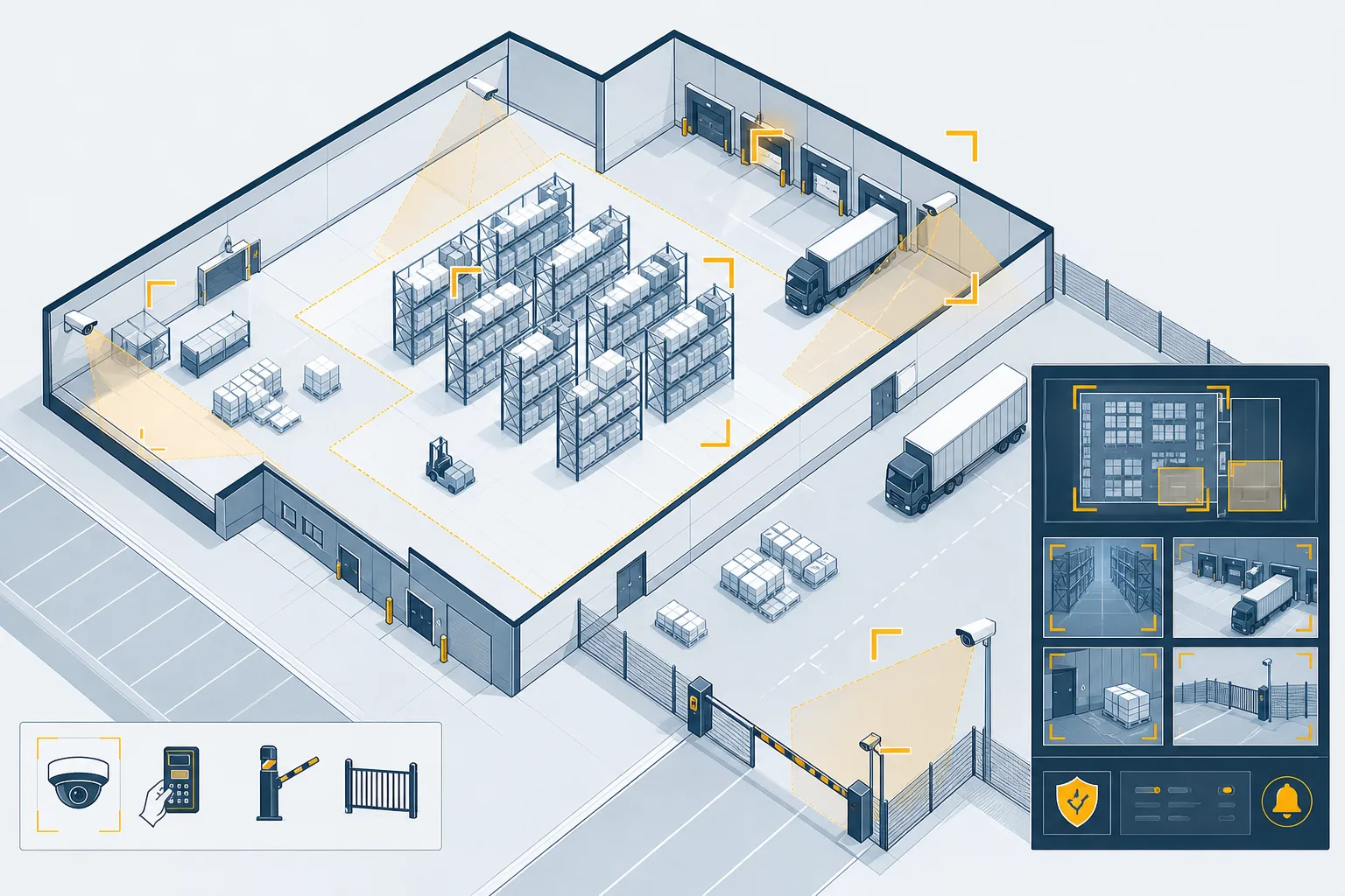 Stiliserad planvy över en lagerhall i stål- och ambertoner där lastkaj, godsmottagning, pallställsgångar och gård är markerade som skilda bevakningszoner med varsitt kamerafält.