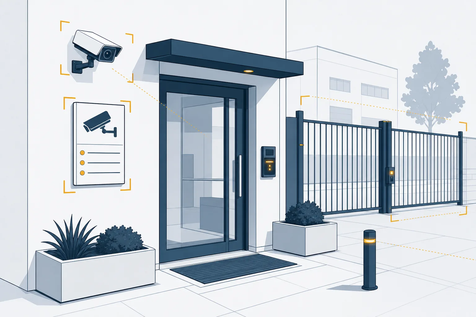 Stiliserad illustration i stål- och ambertoner av en entré där en informationsskylt om kamerabevakning sitter i ögonhöjd bredvid dörren, med skyltens textrader schematiskt utmärkta.