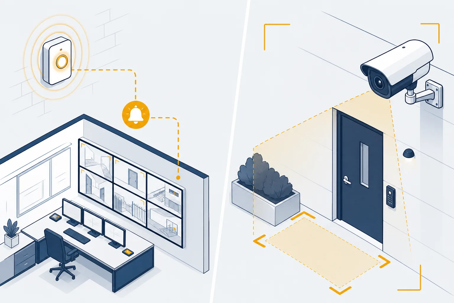 Stiliserad illustration i stål- och ambertoner som ställer en larmsignal med väg till en larmcentral bredvid en kamera riktad mot en dörr, och visar skillnaden mellan att larmet upptäcker och agerar och att kameran visar vad som hänt.