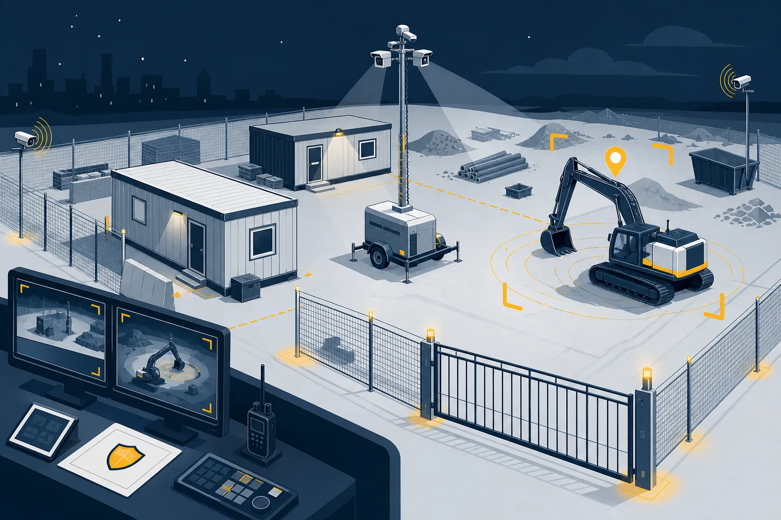 Stiliserad illustration i stål- och ambertoner av en byggetablering nattetid, med inhägnad grind, bodar, en flyttbar kameramast och en grävmaskin markerad med en spårningssymbol