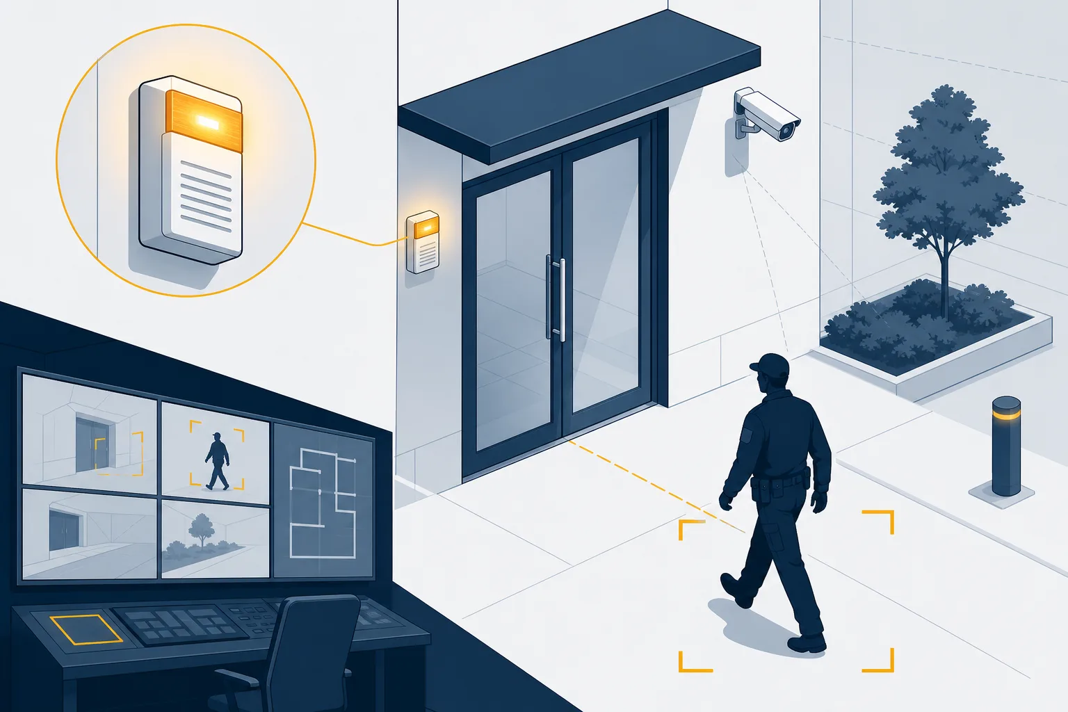 Stiliserad illustration i stål- och ambertoner av en företagslokal där en larmsensor vid dörren lyser rött samtidigt som en väktare närmar sig entrén utifrån.
